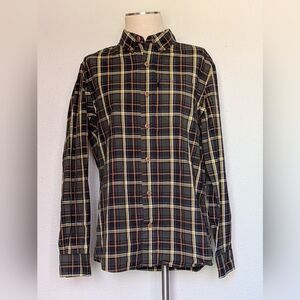 Duluth Trading Co Green Plaid Button-Down with Yellow, Black & Orange Stripes